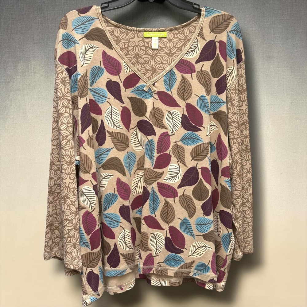 Sigrid Olsen Woman 3X Cotton V-Neck Top Leaf Print Tan Burgundy Teal
